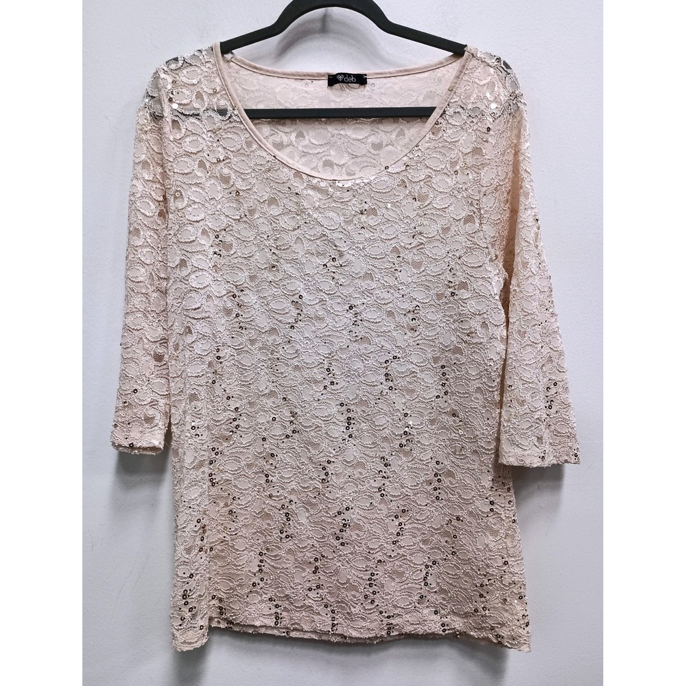 Y2K VTG Deb Lace Sequin Top Womens 2X Cream Beige  Sheer 3/4 Sleeve Fairy